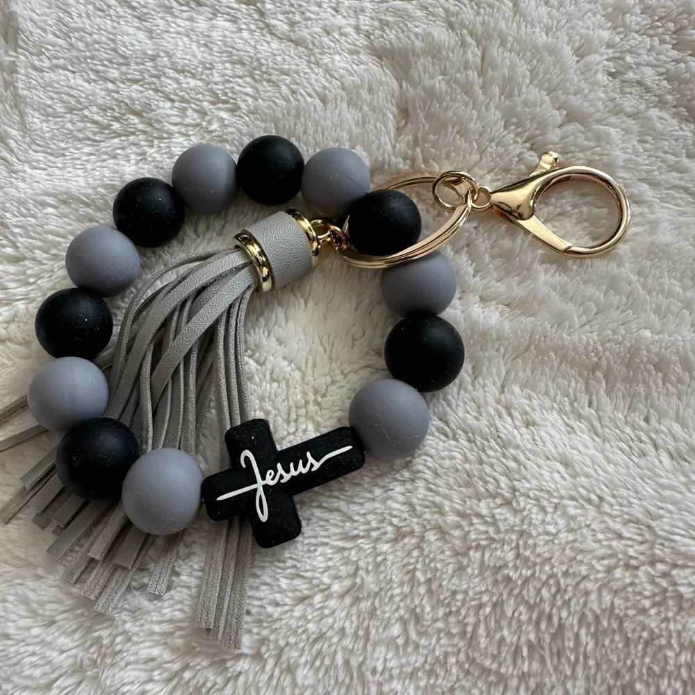 Wristlet Keychain Jesus Cross Tassel Black & Gray Beaded Keychain Bracelet NWT
